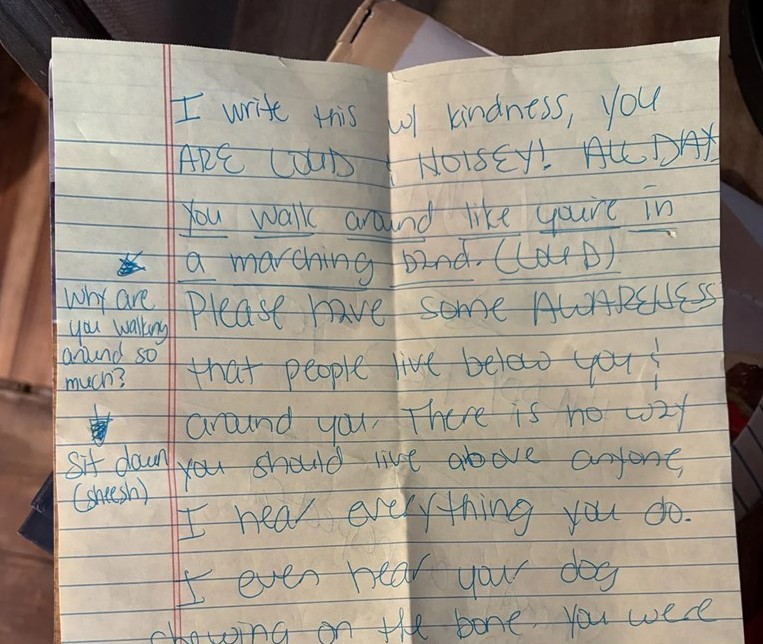 Neighbor Leaves Furious Note About Noisy Footsteps: “Why Do You Walk So Much? Sit Down a Little.”