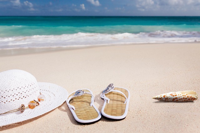 Flat Flip-flops On A Sandy Beach With People Walking In The Background