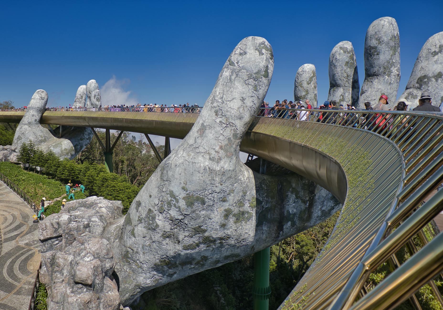 Golden Bridge Ba Na Hills Vietnam Stone Hands Panoramic View