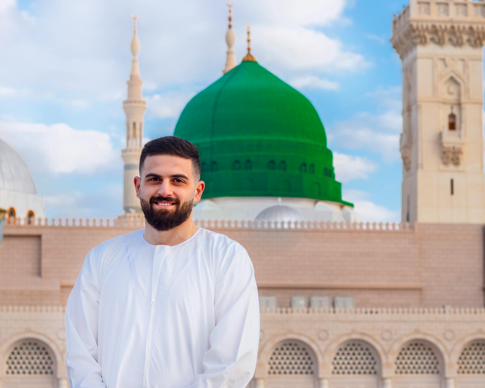 Al Masjid An Nabawi Mosque Architecture With Green Dome And Giant Electronic Umbrellas