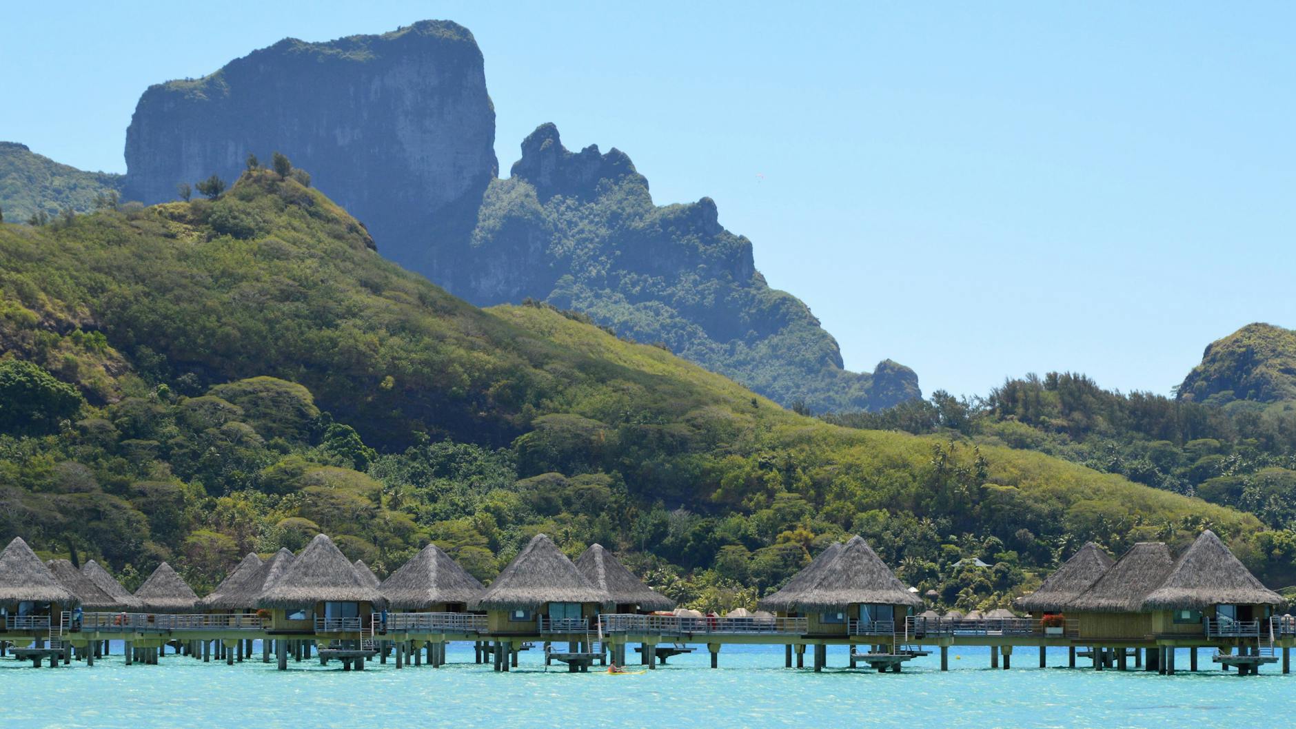 Bora Bora Turquoise Lagoon Overwater Bungalows Mount Otemanu Sunset