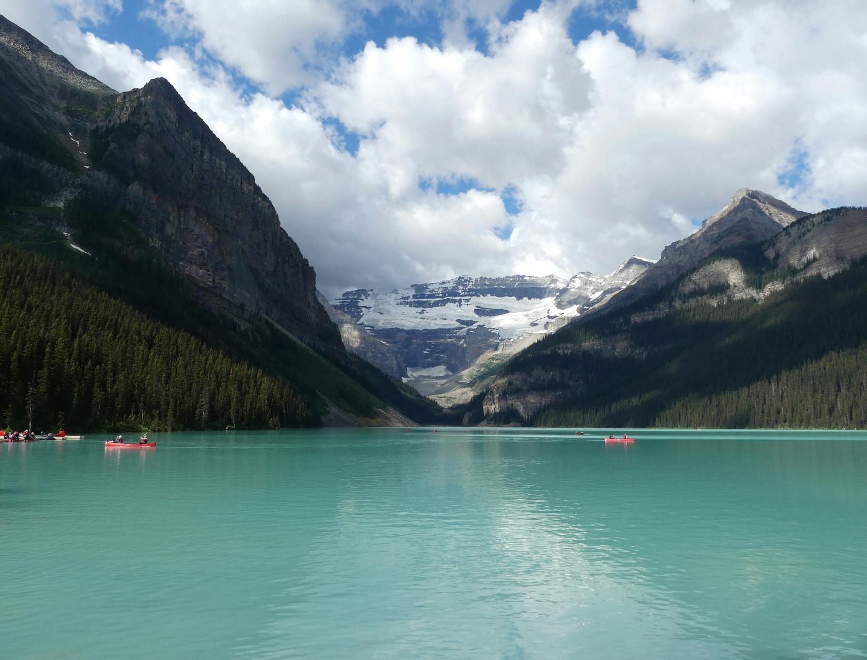 Lake Louise Turquoise Glacial Waters Snow-capped Peaks Red Canoe Banff National Park
