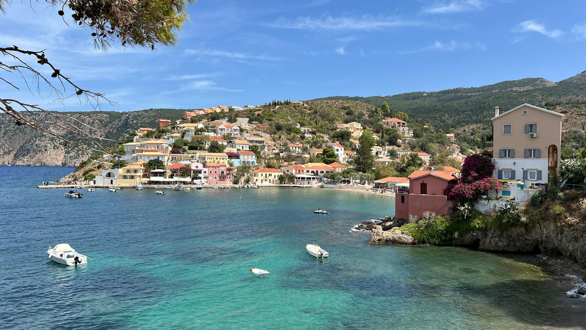 Assos Kefalonia Fishing Village Pastel Houses Venetian Castle Ionian Sea