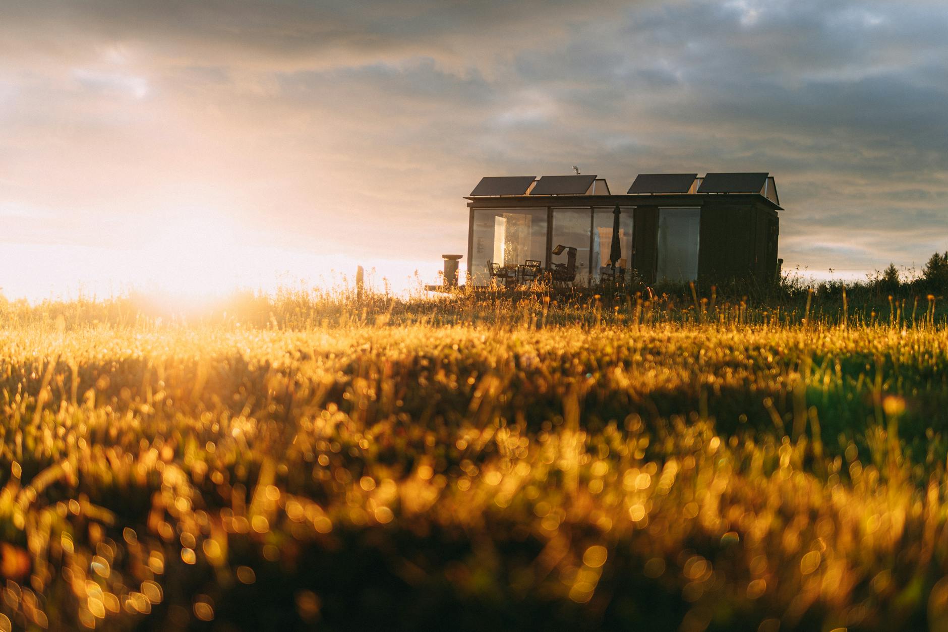 Off-grid Cabin Tiny House Solar Panels Rainwater Collection Composting Toilet