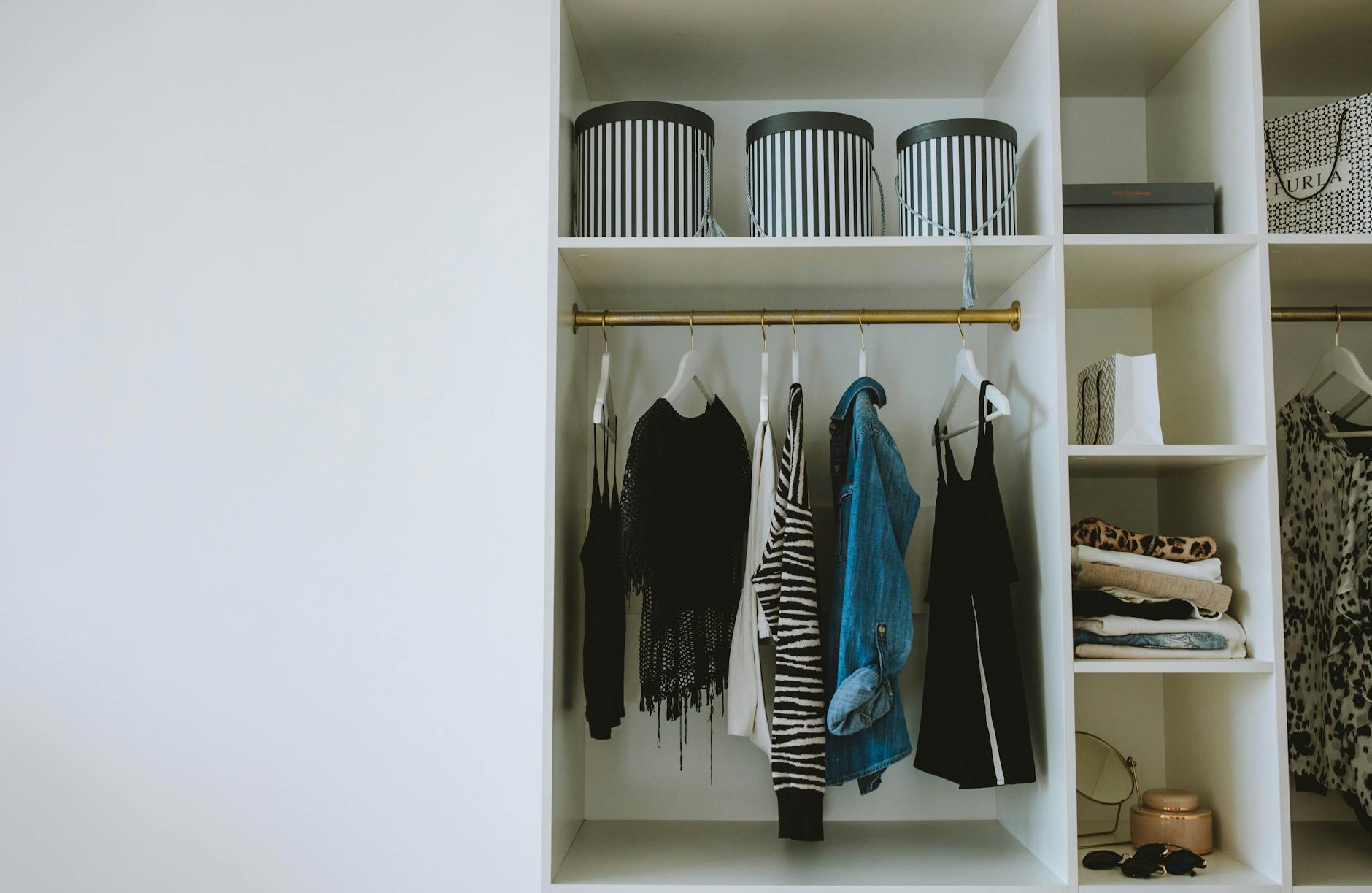 Identical Storage Bins Neutral Color Closet Organization