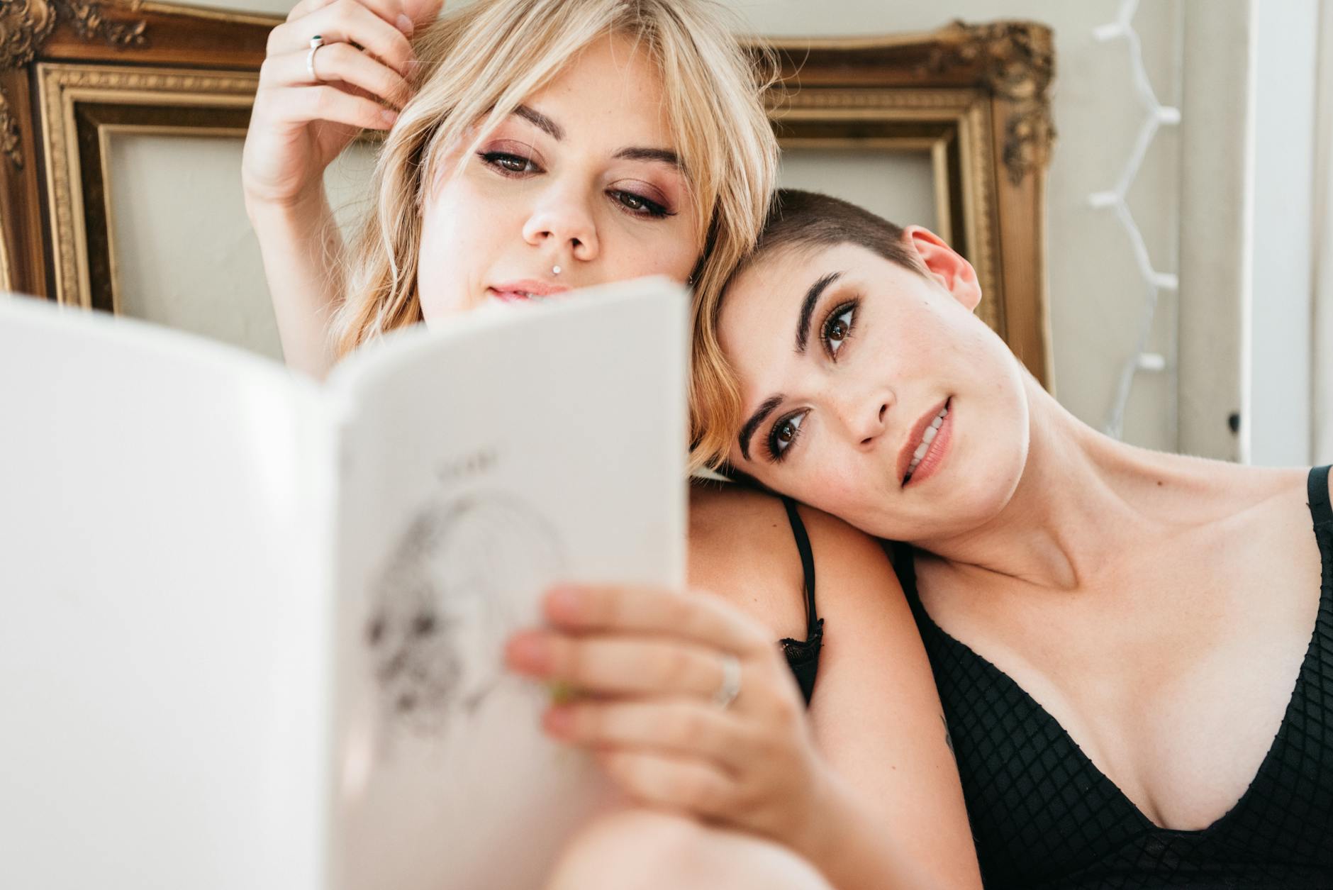 Lesbian Couple Reading Together Cozy Atmosphere